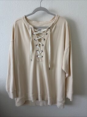 aerie Lace-Up Pullover Hoodie in Cream